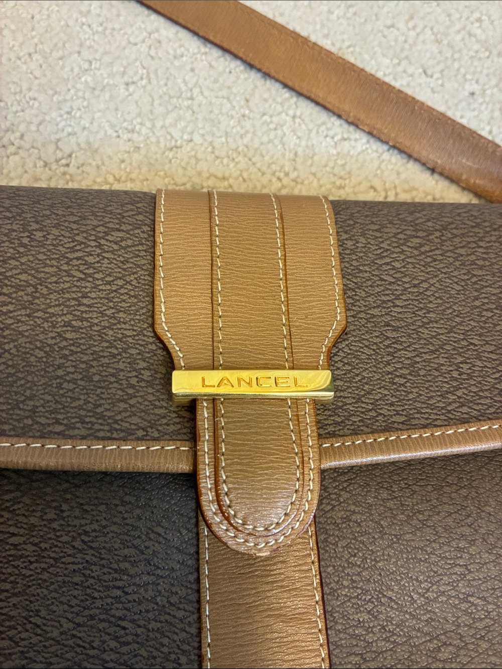 Vintage Lancel Paris Coated Canvas Crossbody Saddle Bag Brown Tan Trim👝 - Picture 2 of 11